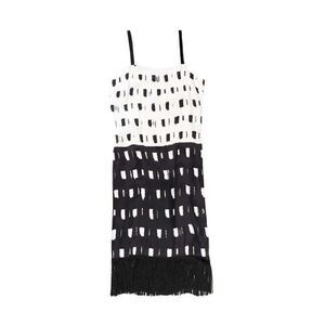 Paz Torraz Black And White Sleeveless Fringe Midi Dress Size M